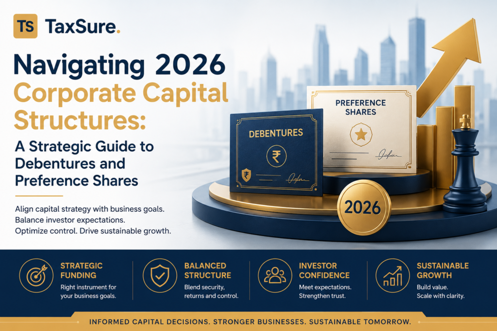 TaxSure Consultancy guide to 2026 corporate capital structures, debentures, and preference shares.