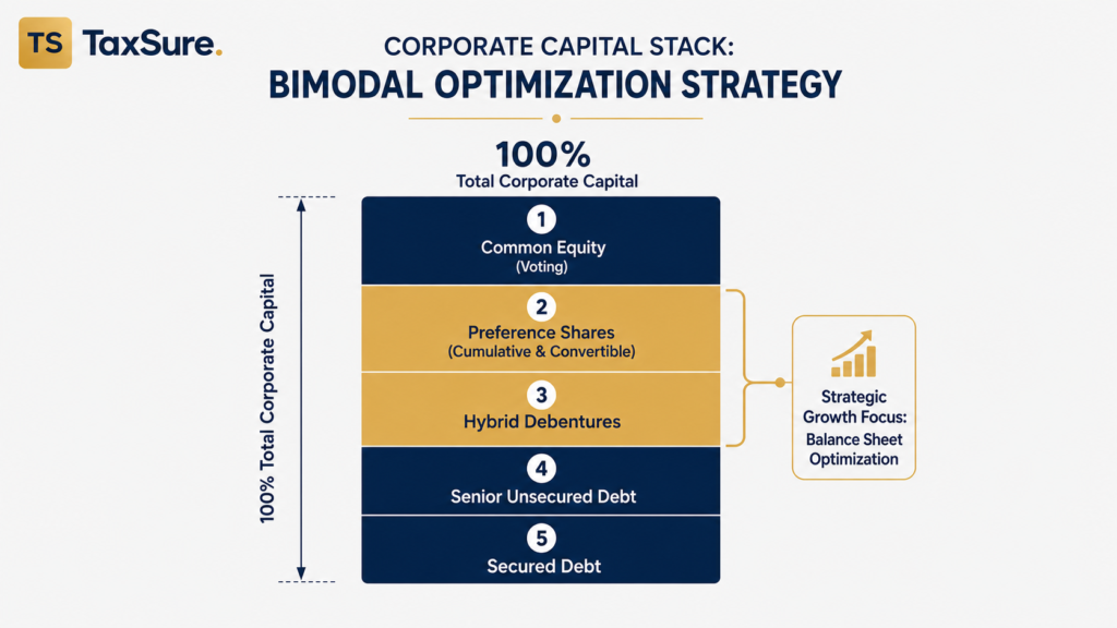 A vertical schematic diagram of a 100% corporate capital stack, layered from common equity at the top, down through preference shares, hybrid debentures, unsecured debt, and secured debt at the base.