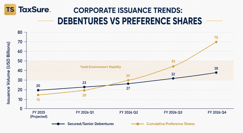 A line chart comparing corporate issuance volumes in billions of dollars for secured senior debentures and cumulative preference shares from FY 2025 projected through FY 2026 Q1-Q4.