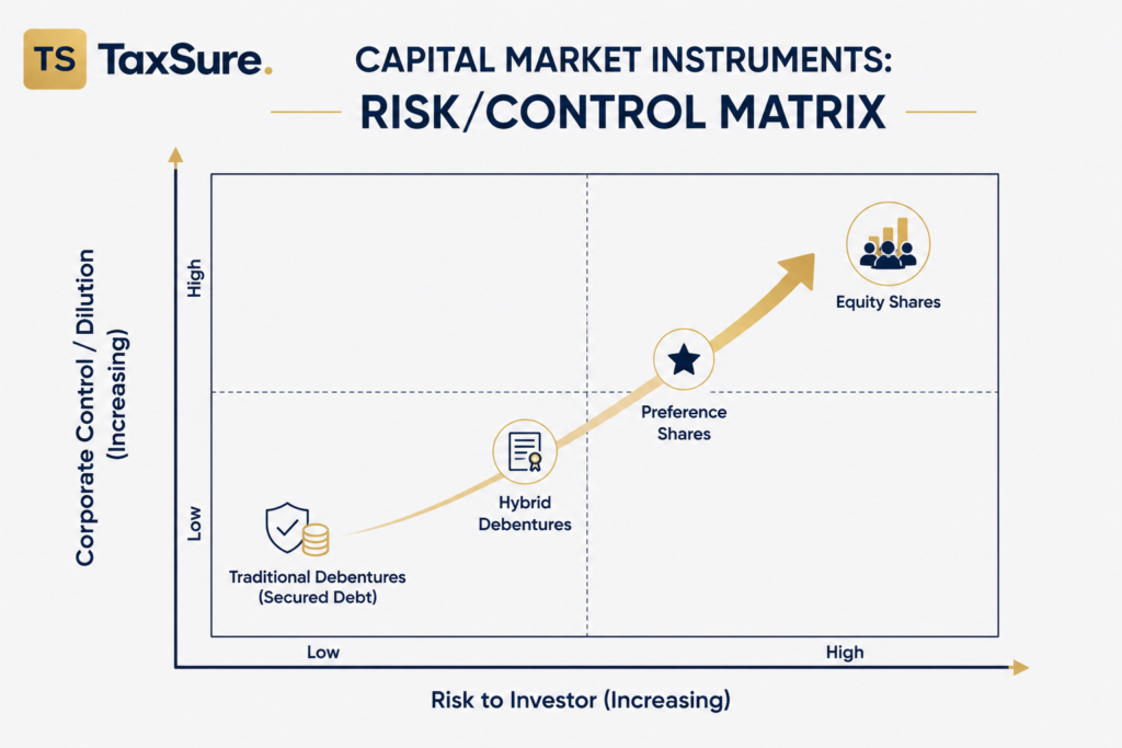 A corporate financial matrix diagram plotting capital market instruments by investor risk and corporate control, showing debentures at low-risk/low-control and equity shares at high-risk/high-control.